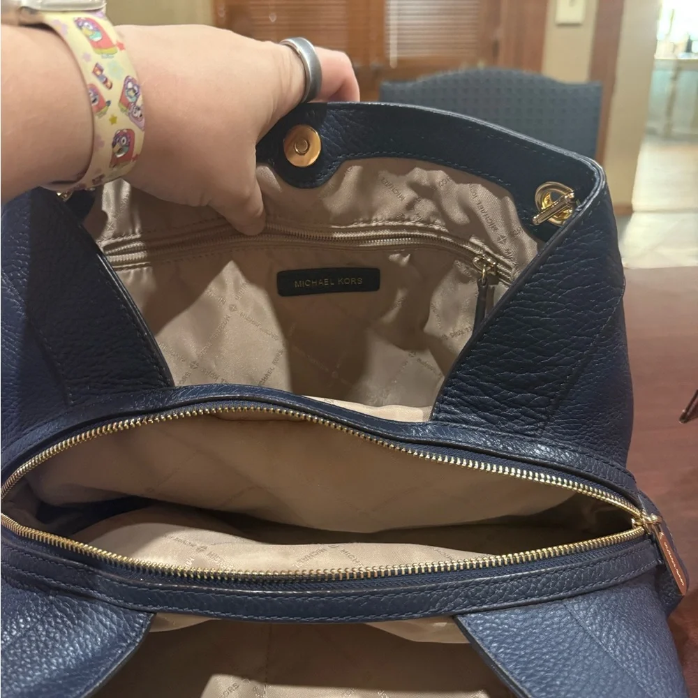 Michael Kors Dark Blue Shoulder Bag with Gold Accents - Picture 6 of 11